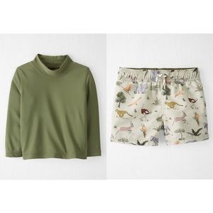 Carters Little Planet Olive Green & Safari Print Rashguard & Swim Trunks Sz 12M